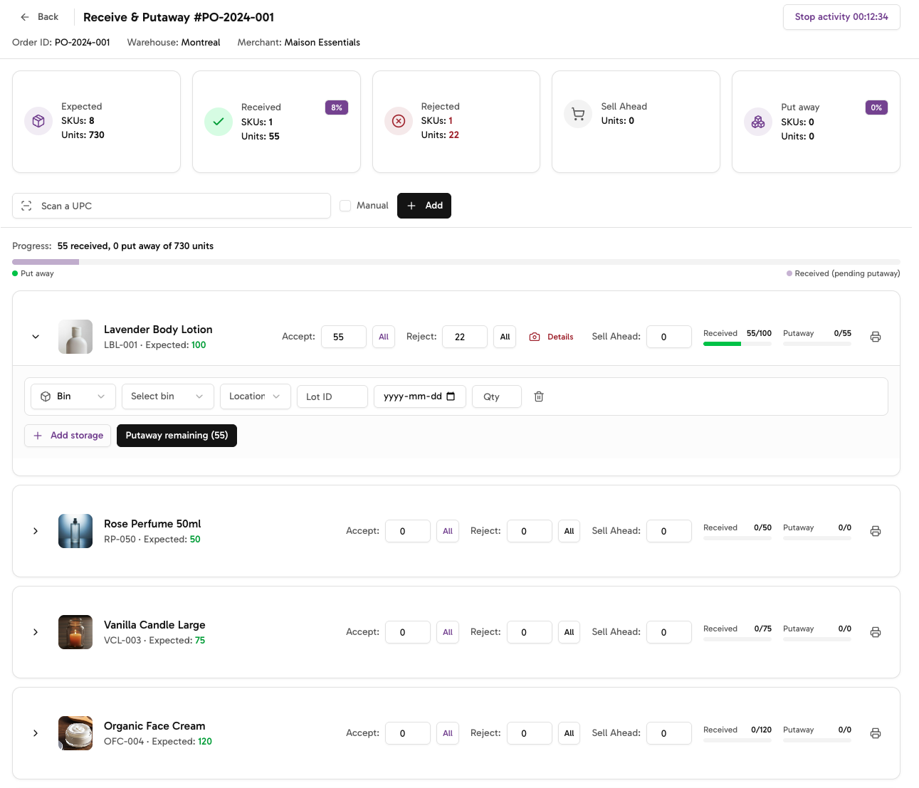 Logentic Receive & Putaway workflow